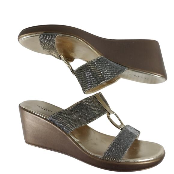 PESARO! "SUSAN" GOLD & BLACK MESH DUAL STRAP/T STRAP GOLD HARDWARE HEELS! SZ 11M - Picture 6 of 10